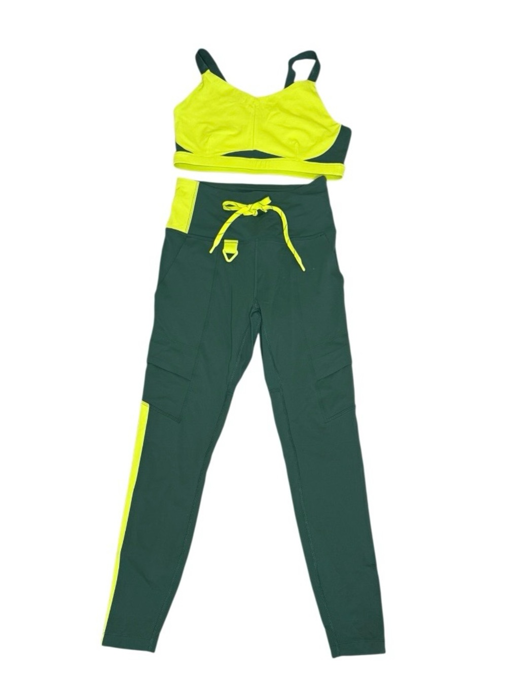 MPG Sport 2-Piece Set Sports Bra &‎ Cargo Leggings, Forest Green & Neon Yellow S